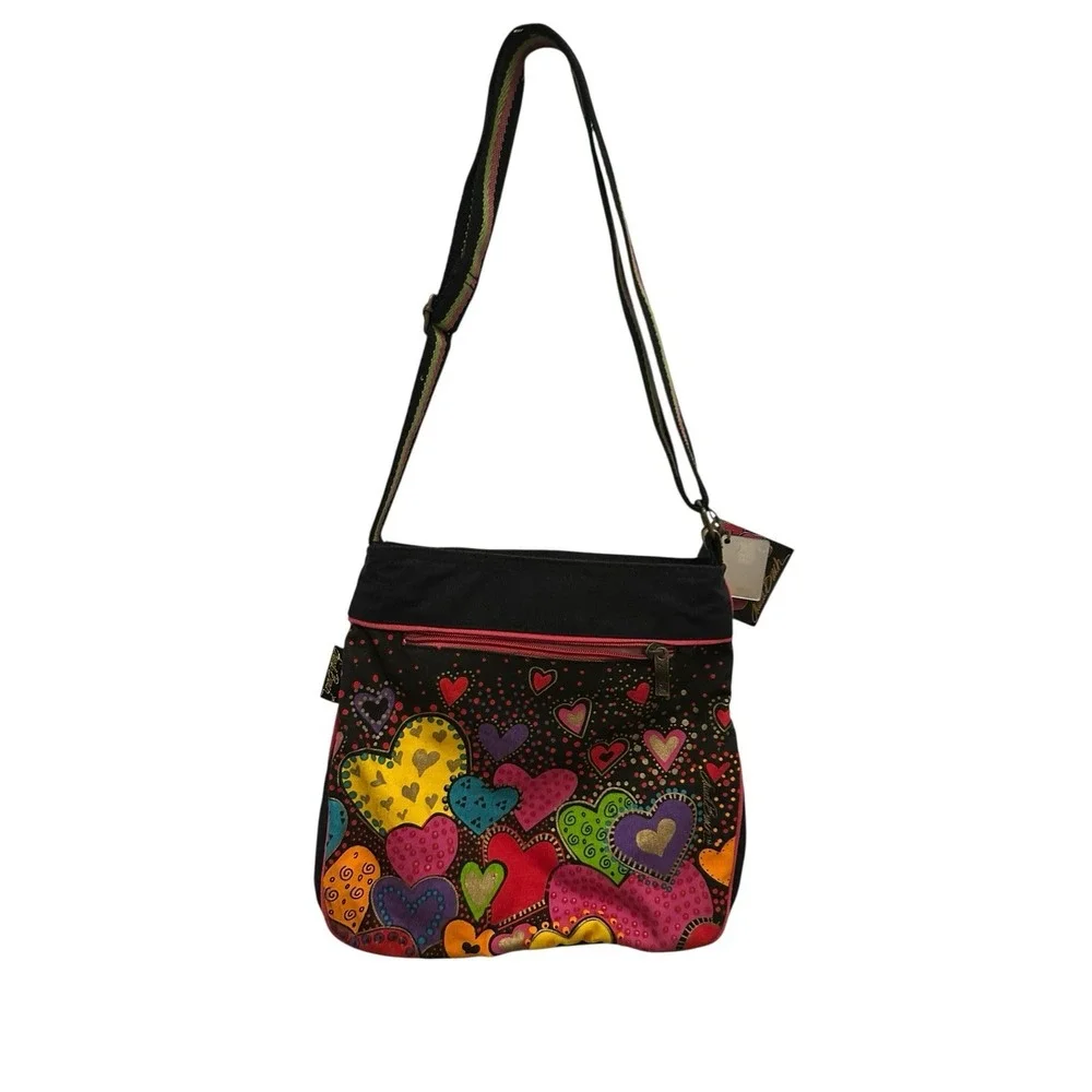 Laurel Burch Colorful Hearts Purse Crossbody Beaded Sequin Canvas Y2K NEW
